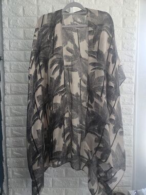 Sheer Palm Leaf Kimono Cover-Up in Beige and Black